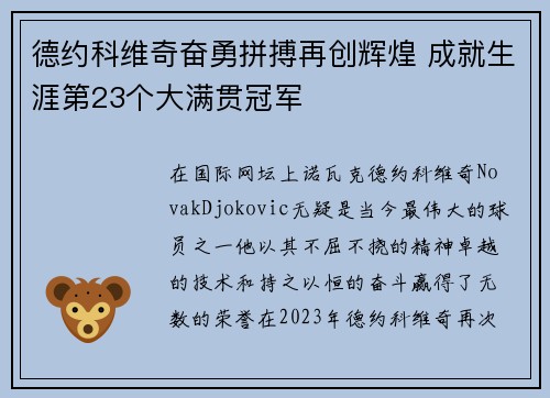 德约科维奇奋勇拼搏再创辉煌 成就生涯第23个大满贯冠军