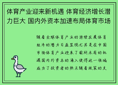 体育产业迎来新机遇 体育经济增长潜力巨大 国内外资本加速布局体育市场