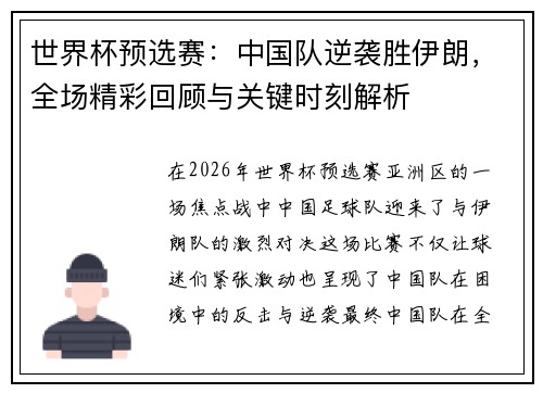 世界杯预选赛：中国队逆袭胜伊朗，全场精彩回顾与关键时刻解析