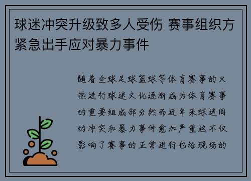 球迷冲突升级致多人受伤 赛事组织方紧急出手应对暴力事件