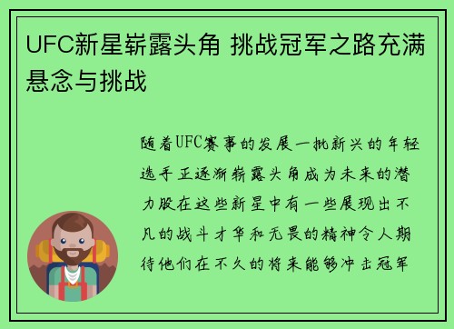 UFC新星崭露头角 挑战冠军之路充满悬念与挑战