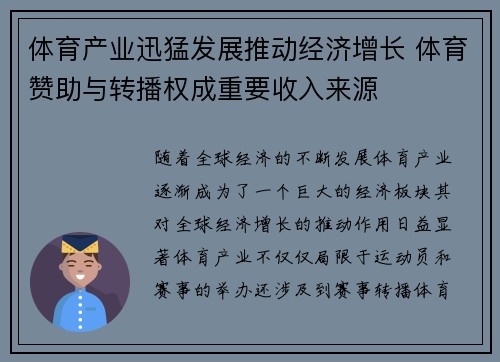 体育产业迅猛发展推动经济增长 体育赞助与转播权成重要收入来源