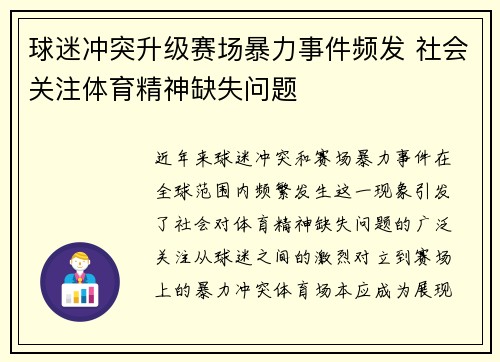 球迷冲突升级赛场暴力事件频发 社会关注体育精神缺失问题